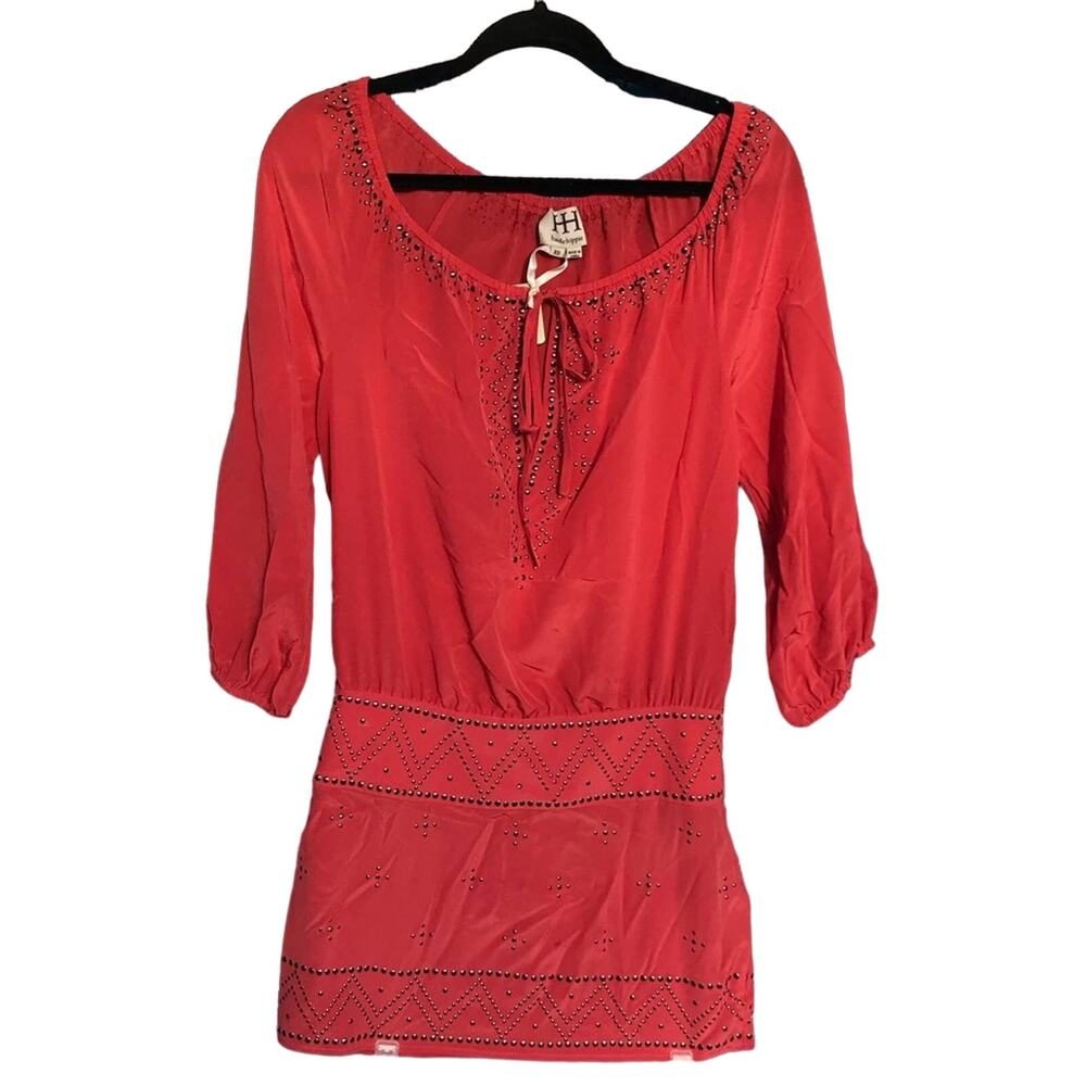 Haute Hippie Silk Metal Studs Top XS Grapefruit (pink boho tunic)